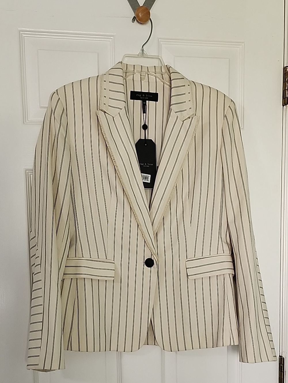 rag & bone Millie Blazer Frayed Ivory with Black Pinstripe Cotton  Size 10 NWT